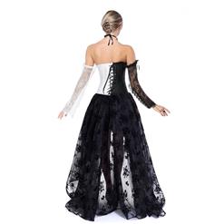 Victorian Gothic Black and White Plastic Boned Floral Lace Overbust Corset with Organza High Low Skirt Sets N18359