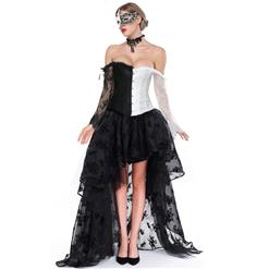 Victorian Gothic Black and White Plastic Boned Floral Lace Overbust Corset with Organza High Low Skirt Sets N18359