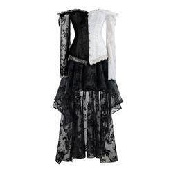 Victorian Gothic Black and White Plastic Boned Floral Lace Overbust Corset with Organza High Low Skirt Sets N18359