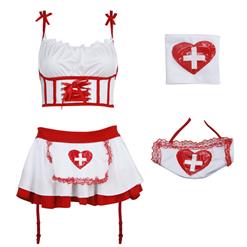 4Pcs Sexy Ruffled Crop Top and Mini Skirt Nurse Cosplay Lingerie Flirty Costume N18430