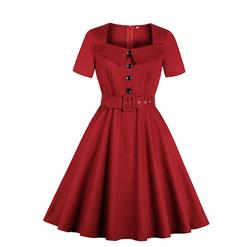 Vintage Wine Red Square Neckline Short Sleeves High Waist Midi Swing Dress with Belt N18491