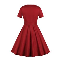 Vintage Wine Red Square Neckline Short Sleeves High Waist Midi Swing Dress with Belt N18491