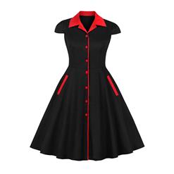 Vintage Black and Red Chinoiserie Lapel Short Sleeves Reformed Cheongsam High Waist Midi Dress N18492