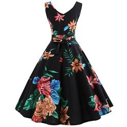 Black Women's Vintage V Neck Sleeveless Floral Printed Swing Summer Day Dress N18577