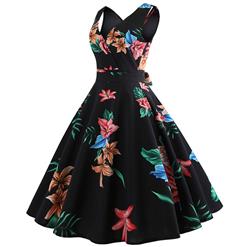 Black Women's Vintage V Neck Sleeveless Floral Printed Swing Summer Day Dress N18577