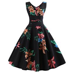 Black Women's Vintage V Neck Sleeveless Floral Printed Swing Summer Day Dress N18577