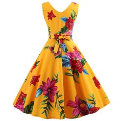 Yellow Women's Vintage V Neck Sleeveless Floral Printed Swing Summer Day Dress N18578