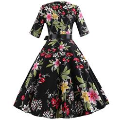 Vintage Floral Print Round Neck High Waist Half Sleeves Midi Swing Dress N18589