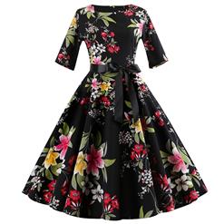 Vintage Floral Print Round Neck High Waist Half Sleeves Midi Swing Dress N18589