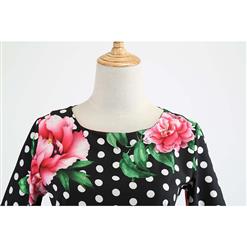 Vintage Peony and Polka Dots Pattern Round Neck High Waist Half Sleeves Midi Swing Dress N18590