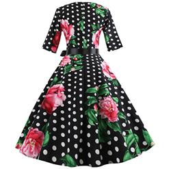 Vintage Peony and Polka Dots Pattern Round Neck High Waist Half Sleeves Midi Swing Dress N18590