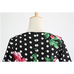 Vintage Peony and Polka Dots Pattern Round Neck High Waist Half Sleeves Midi Swing Dress N18590