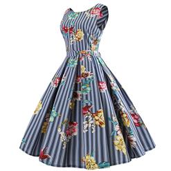 Blue Strips Women's Retro Round Neck Sleeveless Floral Printed Swing Summer Day Dress N18592