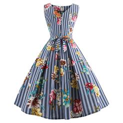 Blue Strips Women's Retro Round Neck Sleeveless Floral Printed Swing Summer Day Dress N18592