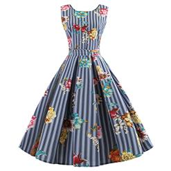 Blue Strips Women's Retro Round Neck Sleeveless Floral Printed Swing Summer Day Dress N18592