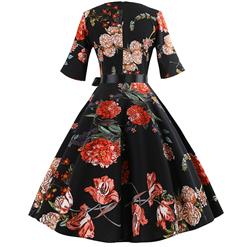 Vintage Camellia Print Round Neck High Waist Half Sleeves Midi Swing Dress N18597