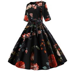 Vintage Camellia Print Round Neck High Waist Half Sleeves Midi Swing Dress N18597