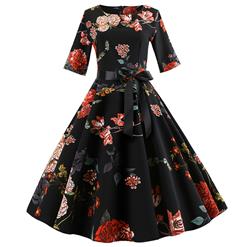 Vintage Camellia Print Round Neck High Waist Half Sleeves Midi Swing Dress N18597