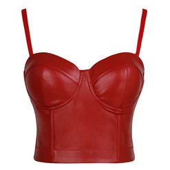 Red Strap Bustier Bra, Crop Top Vegan Leather Bustier Bra, Faux Leather Bustier Bra, Sexy Red Bustier, Spaghetti Straps Crop Top, Faux Suede Bustier, #N18604