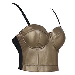 Sexy Gold Metallic PU Spaghetti Straps Bustier Bra Corset Clubwear Crop Top N18605