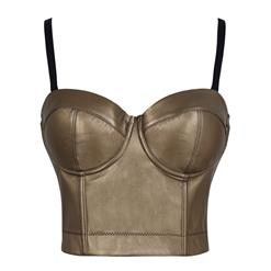 Sexy Gold Metallic PU Spaghetti Straps Bustier Bra Corset Clubwear Crop Top N18605