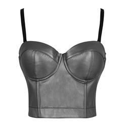 Sexy Silver Metallic PU Spaghetti Straps Bustier Bra Corset Clubwear Crop Top N18606