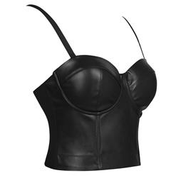 Sexy Matt Black PU Spaghetti Straps Bustier Bra Corset Clubwear Crop Top N18624