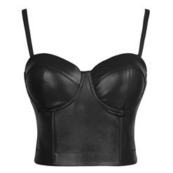 Sexy Matt Black PU Spaghetti Straps Bustier Bra Corset Clubwear Crop Top N18624