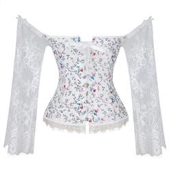 Women's Fashion Plastic Boned White Overbust Corset with Long Floral Lace Sleeve N18637