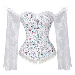 Women's Fashion Plastic Boned White Overbust Corset with Long Floral Lace Sleeve N18637