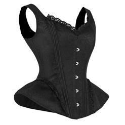 Vintage Black Wide Shoulder Straps Plastic Bone Shapewear Jacquard Overbust Corset N18640