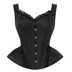 Vintage Black Wide Shoulder Straps Plastic Bone Shapewear Jacquard Overbust Corset N18640