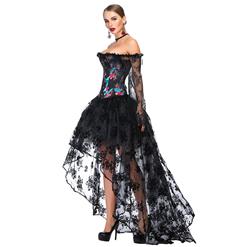 Victorian Gothic Black Floral Print Plastic Boned Lace Overbust Corset with Organza High Low Skirt Sets N18641