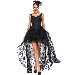 Victorian Gothic Black Wide Shoulder Straps Jacquard Overbust Corset with Organza High Low Skirt Sets N18643