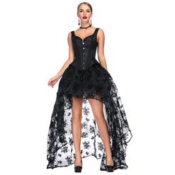 Victorian Gothic Black Wide Shoulder Straps Jacquard Overbust Corset with Organza High Low Skirt Sets N18643