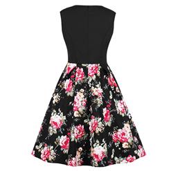 Retro Black Floral Print Scoop Neck Sleeveless High Waist Cocktail Swing Dress N18645