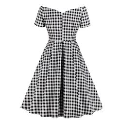 Retro Black and White Check Pattern Off Shoulder Short Sleeves High Waist A Line Swing Dress N18651