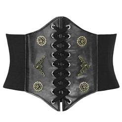 Steampunk Black Leather Bronze Metal Wheel Gear Front Lace Up High Waisted Cincher Corset Belt N18654