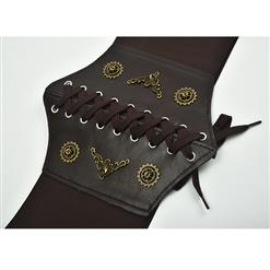 Steampunk Coffee Leather Bronze Metal Wheel Gear Front Lace Up High Waisted Cincher Corset Belt N18655