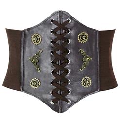 Steampunk Coffee Leather Bronze Metal Wheel Gear Front Lace Up High Waisted Cincher Corset Belt N18655