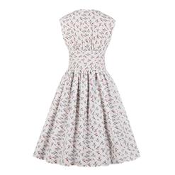Vintage White Floral Print V Neck Sleeveless High Waist Swing Dress N18666