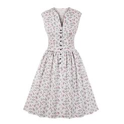 Vintage White Floral Print V Neck Sleeveless High Waist Swing Dress N18666