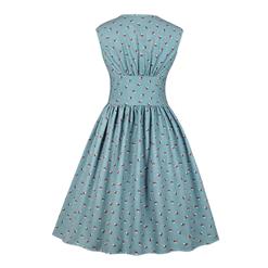 Vintage Blue Floral Print V Neck Sleeveless High Waist Swing Dress N18668
