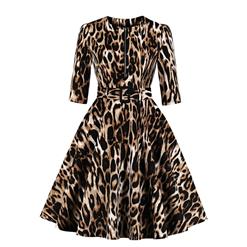 Vintage Leopard Print Front Zipper Round Neck Half Sleeve High Waist Dress with Belt N18670