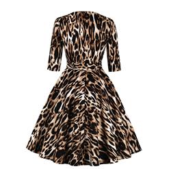 Vintage Leopard Print Front Zipper Round Neck Half Sleeve High Waist Dress with Belt N18670