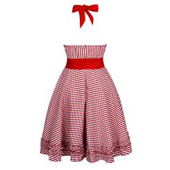 Vintage Plaid Halterneck Ruffled High Waist Midi Flare Dress N18690