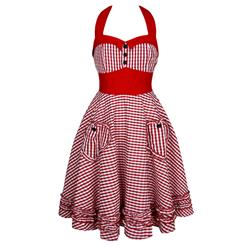 Vintage Plaid Halterneck Ruffled High Waist Midi Flare Dress N18690