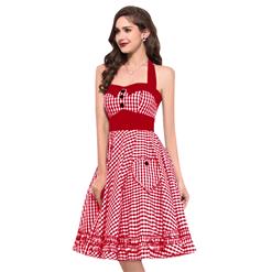 Vintage Plaid Halterneck Ruffled High Waist Midi Flare Dress N18690