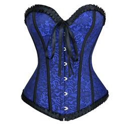 Strapless Black Burlesque Corset, Black Brocade Burlesque Corset with Ruffle Trim, Royal Blue Corset, Sexy Wiast Cincher, Hourglass Shaper, #N18692