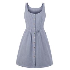 Simple Light Blue Scoop Neck Sleeveless Pinstripe Summer Swing Dress N18693